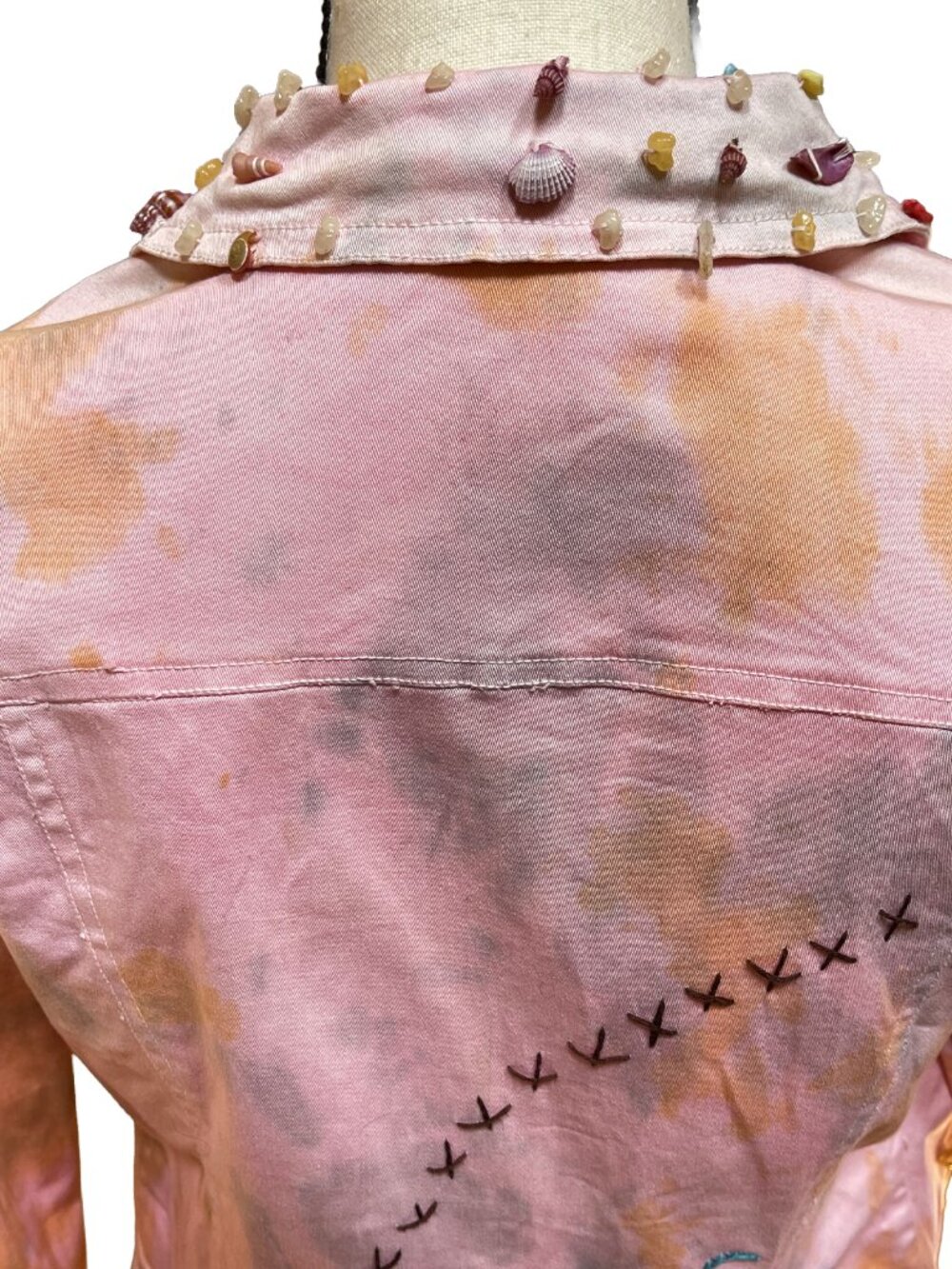 ANTICA Italy Pink Denim Trucker Jacket Seashell Crochet Coastal Boho XS - Picture 8 of 13